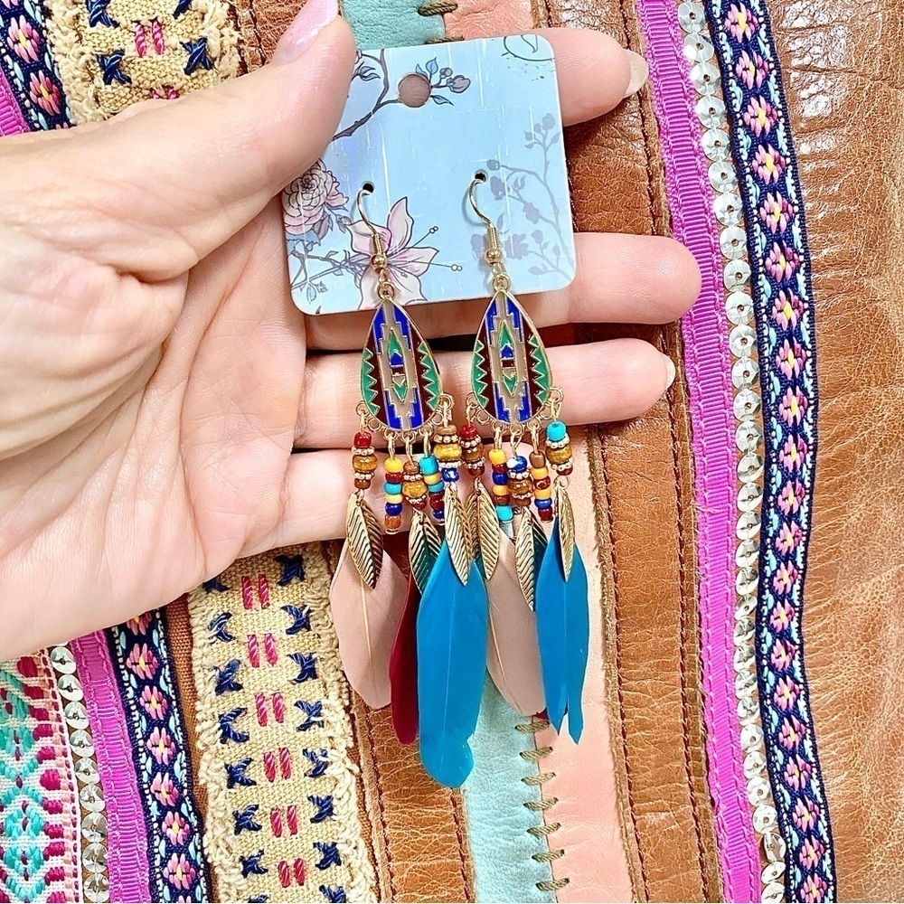 DREAMY feather Boho statement earrings w Gypsy southwestern Navajo vibe